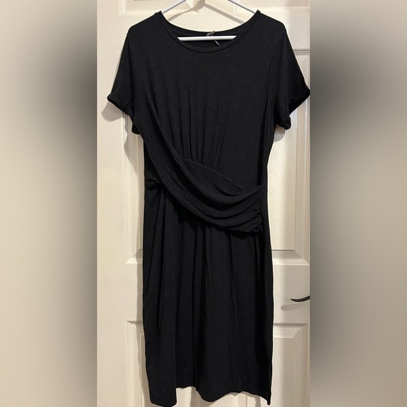 Anthropologie Draped Front Short Sleeve charcoal gray midi Dress large petite - Picture 3 of 5